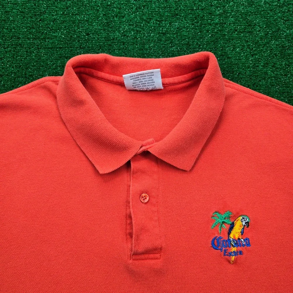Corona Extra Polo Shirt Mens 2XL/XL Orange Embroidered Parrot‎ Vintage Beer